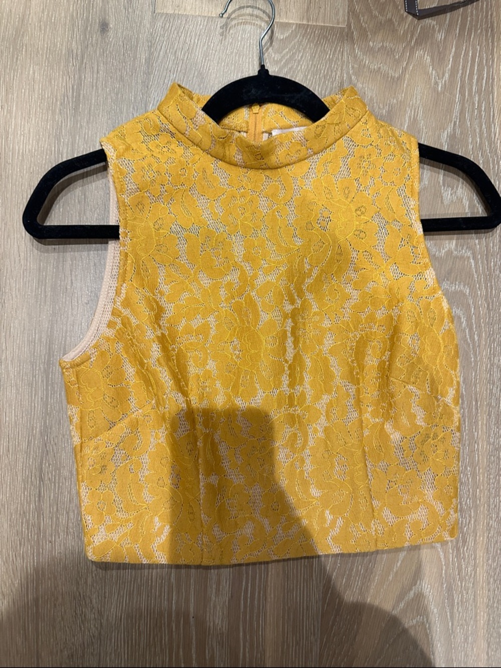Keepsake Sleeveless Yellow Lace Mock-Neck Crop Top